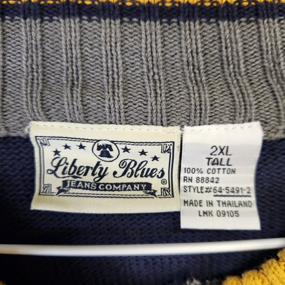 Liberty Blues Mens 2XL Tall Full Zip Knit‎ Sweater Navy Blue Grey Yellow Striped